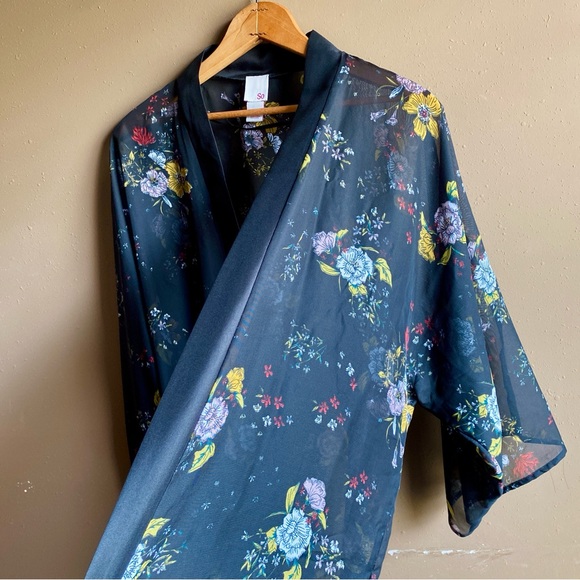 Sheer Kimono Robe Floral Open Front Cardigan Black Satin Tuxedo Women’s One Size - Picture 5 of 11